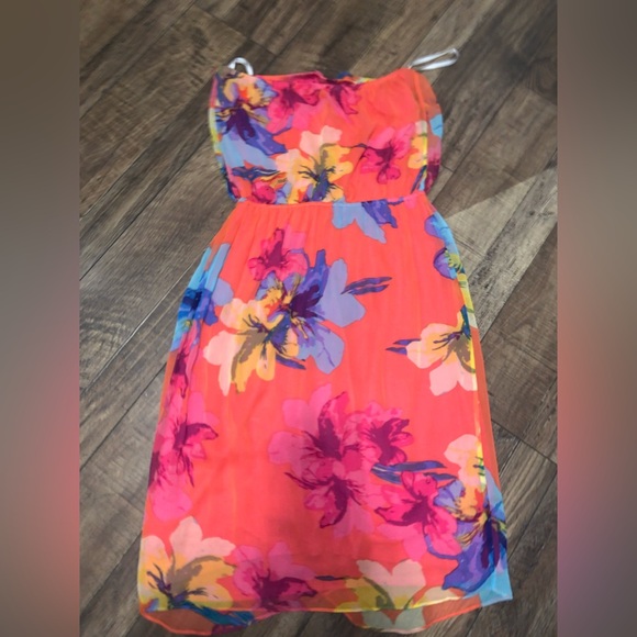 Ella Moss Hibiscus Floral Silk Strapless Dress in guava L $138 spring cocktail - Picture 4 of 10